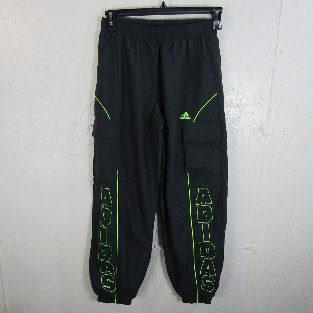 Adidas Men's L Black Neon Green Cargo Track Pants Joggers Activewear Mesh Lined